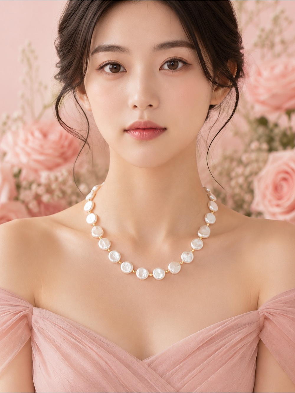Elegant White Pearl Disc Necklace - Picture 3 of 5